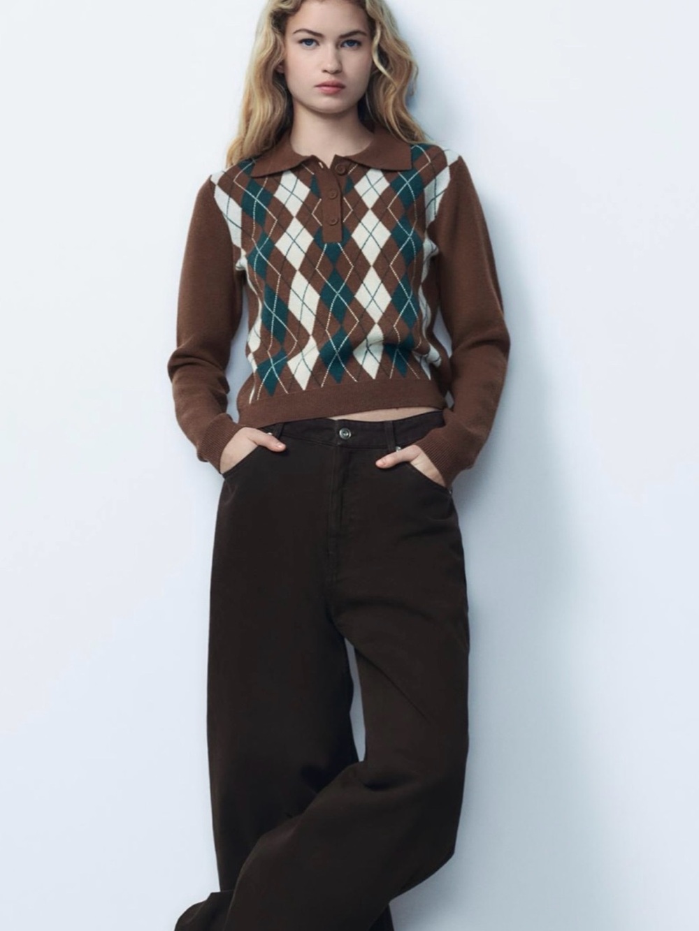 Zara Brown Argyle Polo Sweater with Cream & Teal Diamonds